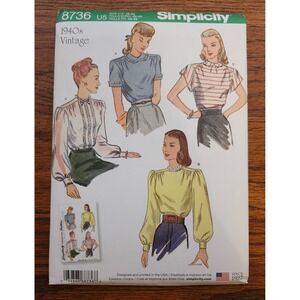 Simplicity 8736 1940s Vintage Blouse Sewing Pattern Size 16-24 Uncut Retro Tops